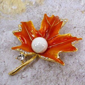 Orange Maple Leaf Brooch Pin with Crystals, Enamel, and White Faux Pearl - NEW